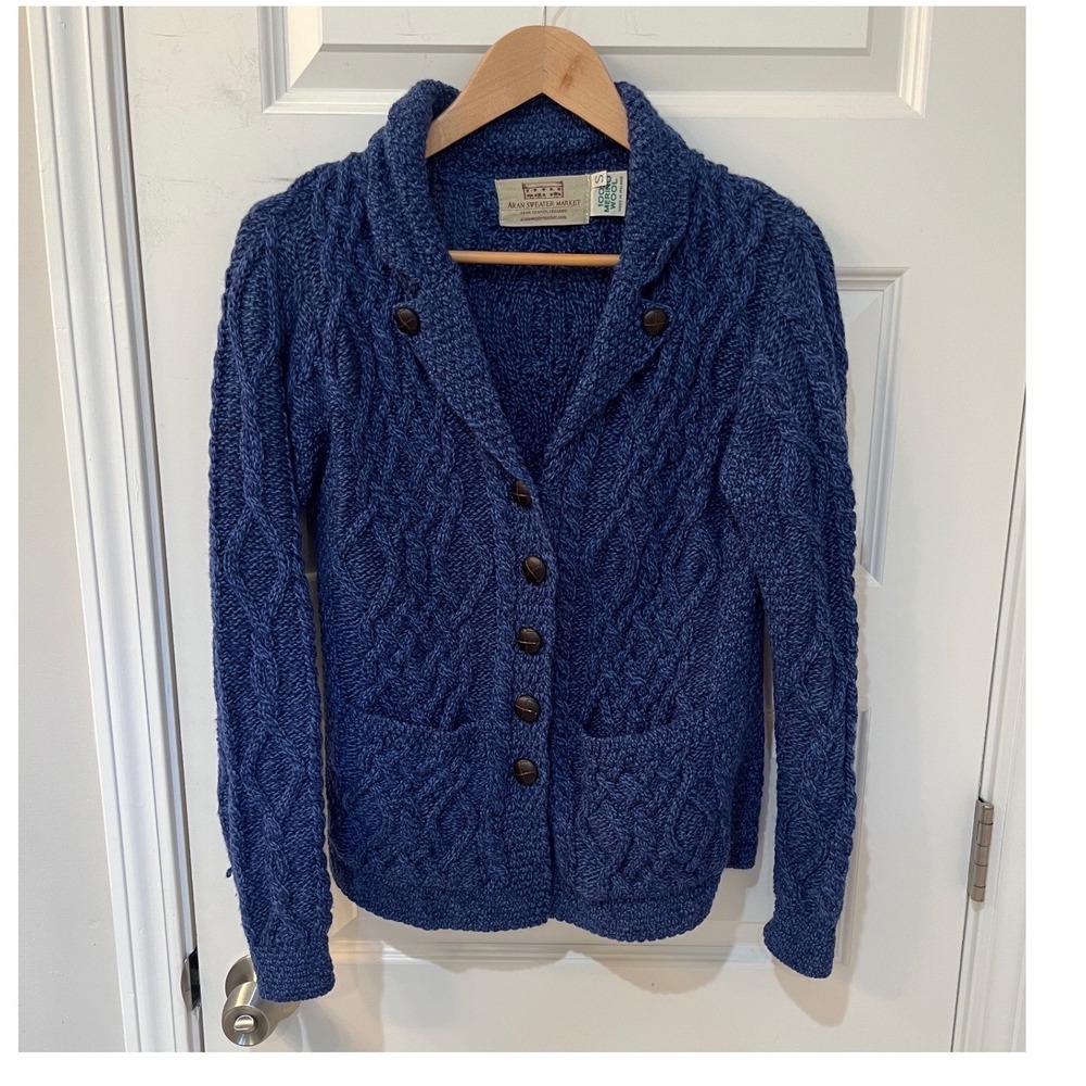 Aran Sweater Market Ireland Blue Merino Wool Cable Knit Cardigan Shawl Small